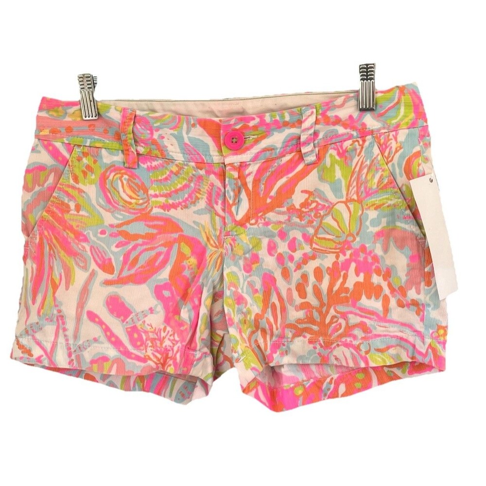 Lilly Pulitzer Callahan Shorts 2 Hot Pink Blue Floral 4" Inseam Summer Designer